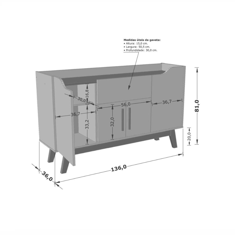 Aparador Buffet com 4 Portas e 1 Gaveta Retrô 136cm Multimóveis CR50102 Branco/Cinamomo