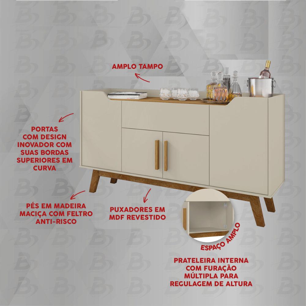 Aparador Buffet com 4 Portas e 1 Gaveta Retrô 136cm Multimóveis CR50102 Off White/Cinamomo