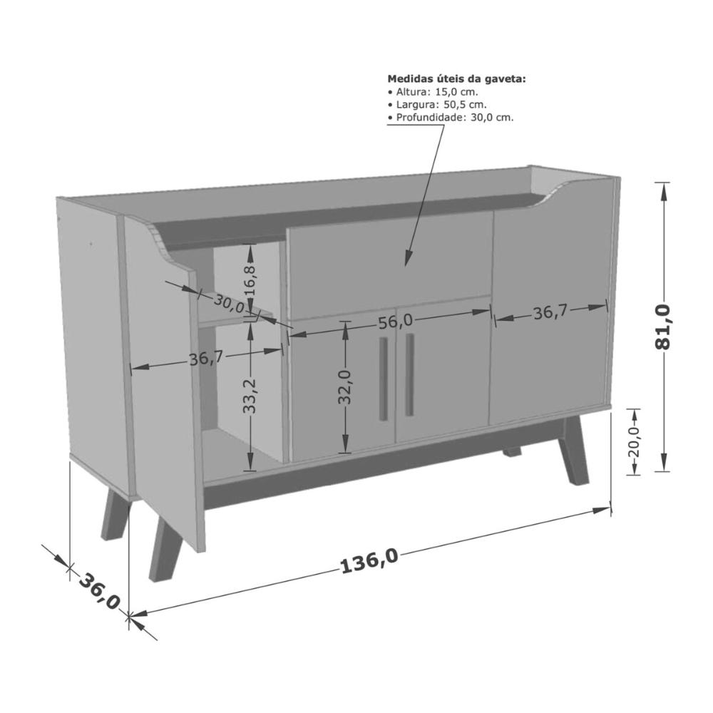 Aparador Buffet com 4 Portas e 1 Gaveta Retrô 136cm Multimóveis CR50102 Off White/Cinamomo