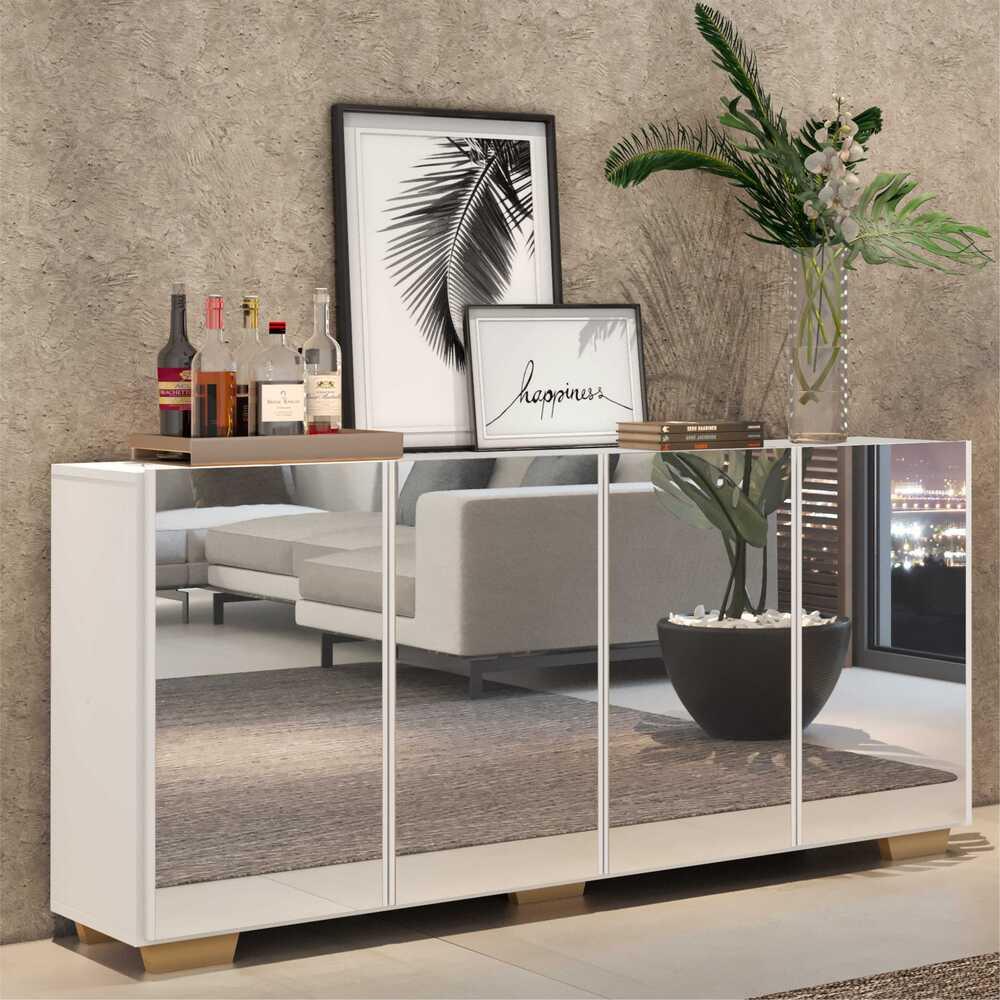 Aparador Buffet com Espelho Multimóveis Vegas com 4 Portas FG3560 Branco/Natural