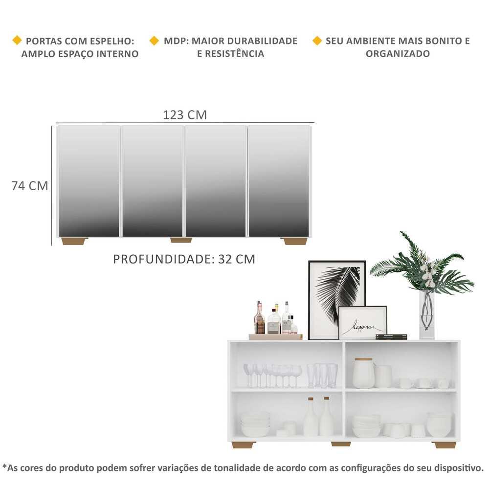 Aparador Buffet com Espelho Multimóveis Vegas com 4 Portas FG3560 Branco/Natural
