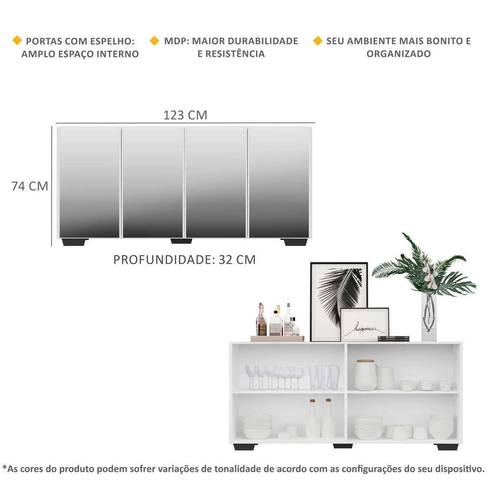Aparador Buffet com Espelho Multimóveis Vegas com 4 Portas FG3560 Branco/Preto