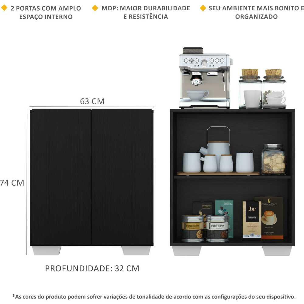 Aparador Cantinho do Café com Pés Quadrados e 2 Portas Multimóveis Preto/Branco