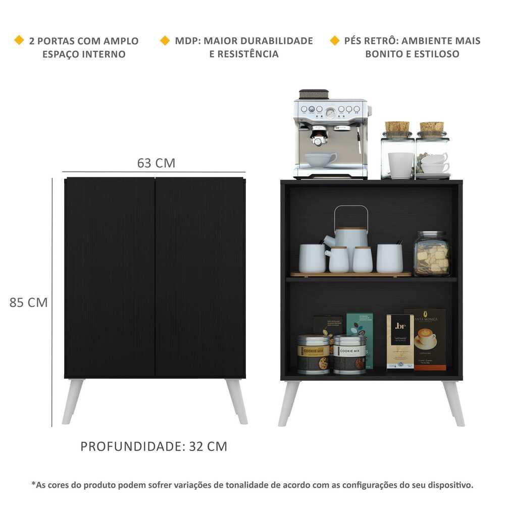 Aparador Cantinho do Café com Pés Retrô e 2 Portas Multimóveis Preto/Branco