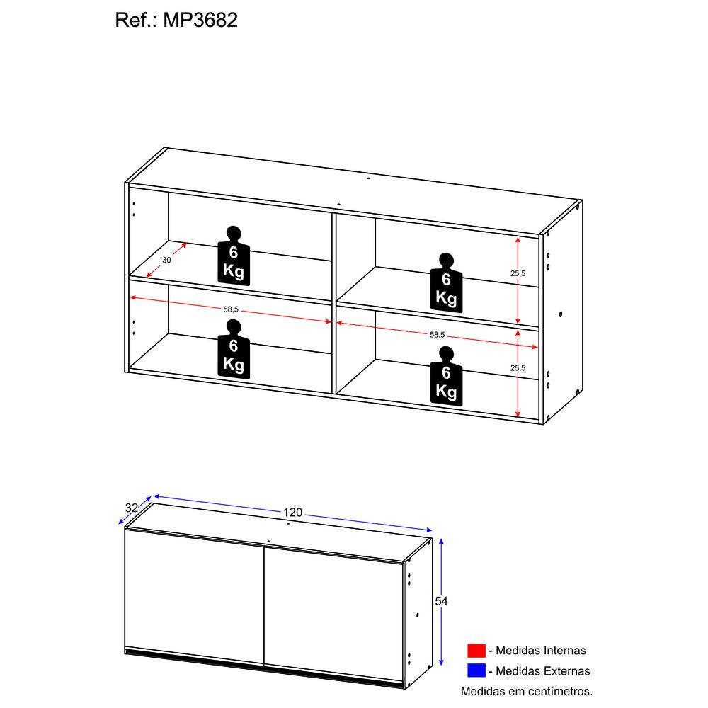 Armário Aéreo Cozinha 120 cm 2 Portas Veneza Multimóveis MP3682.895 Preto