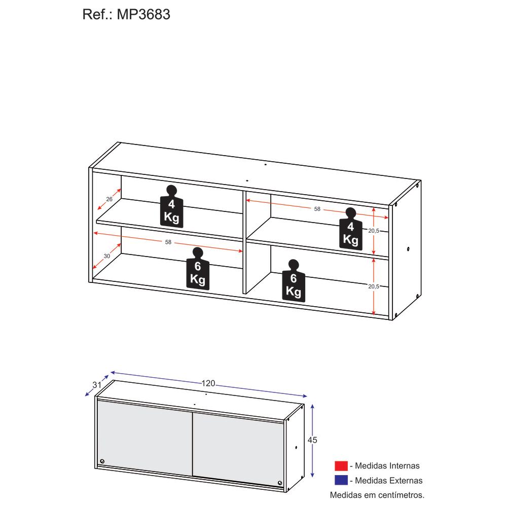 Armário Aéreo Cozinha 120 cm 2 Portas Vidro Veneza GW Multimóveis Branco