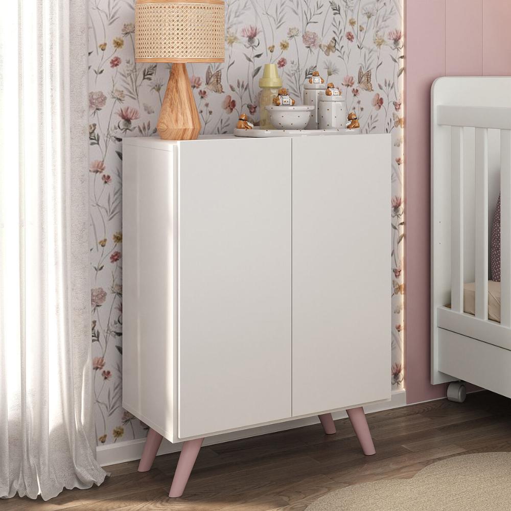 Armário Cômoda Infantil 2 Portas Retrô Multimóveis MP4231 Branco/Rosa