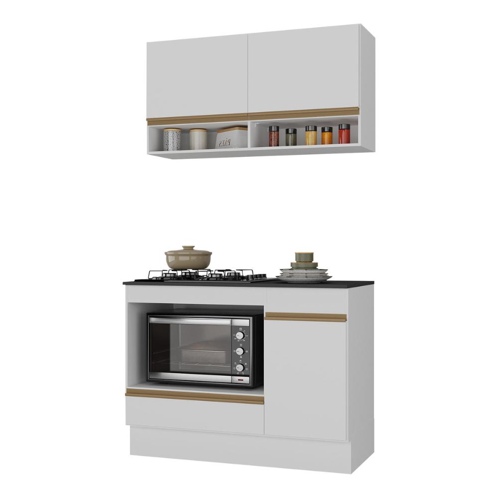 Armário Cozinha Modulada Compacta 105cm com Balcão para Cooktop e Rodapé Veneza Multimóveis MP2294 Branco/Dourado