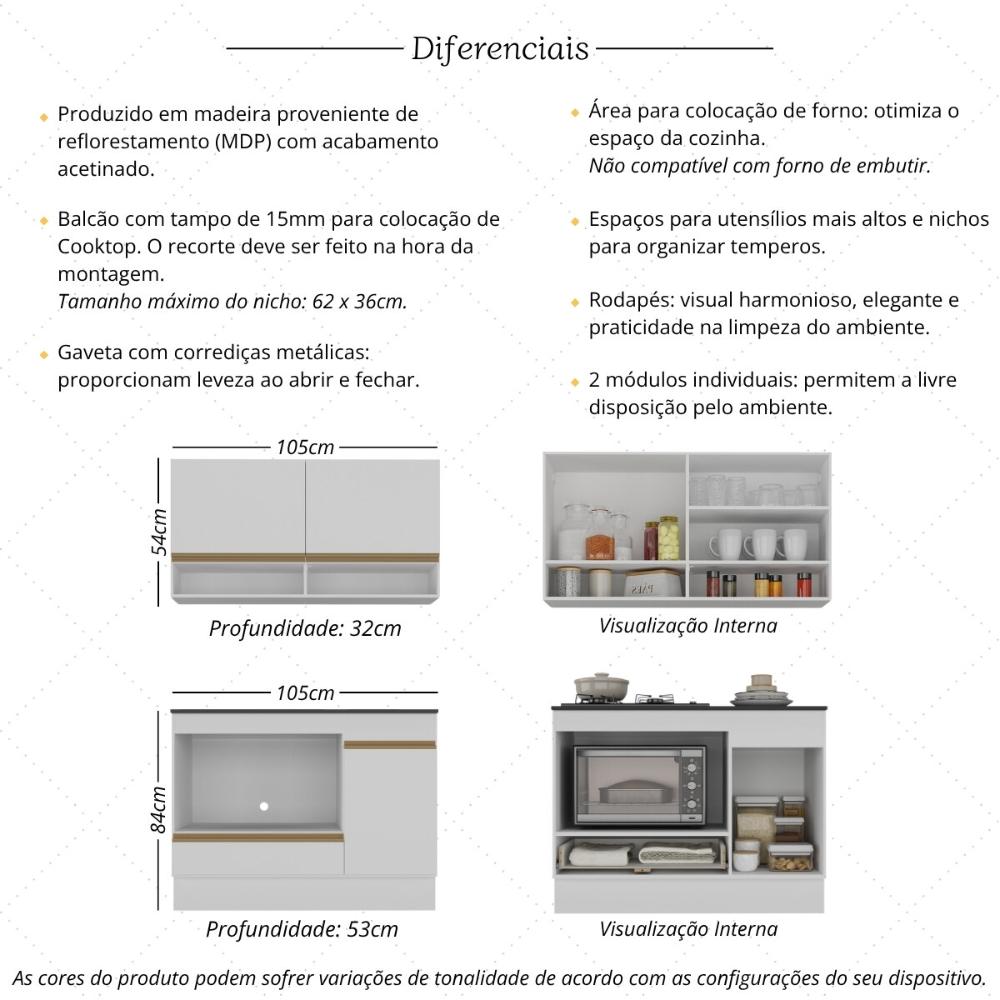 Armário Cozinha Modulada Compacta 105cm com Balcão para Cooktop e Rodapé Veneza Multimóveis MP2294 Branco/Dourado