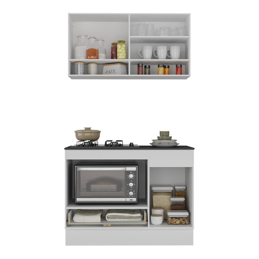Armário Cozinha Modulada Compacta 105cm com Balcão para Cooktop e Rodapé Veneza Multimóveis MP2294 Branco/Dourado