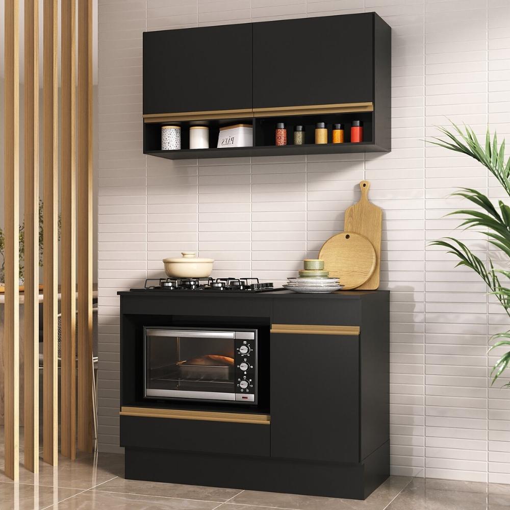Armário Cozinha Modulada Compacta 105cm com Balcão para Cooktop e Rodapé Veneza Multimóveis MP2294 Preto/Dourado