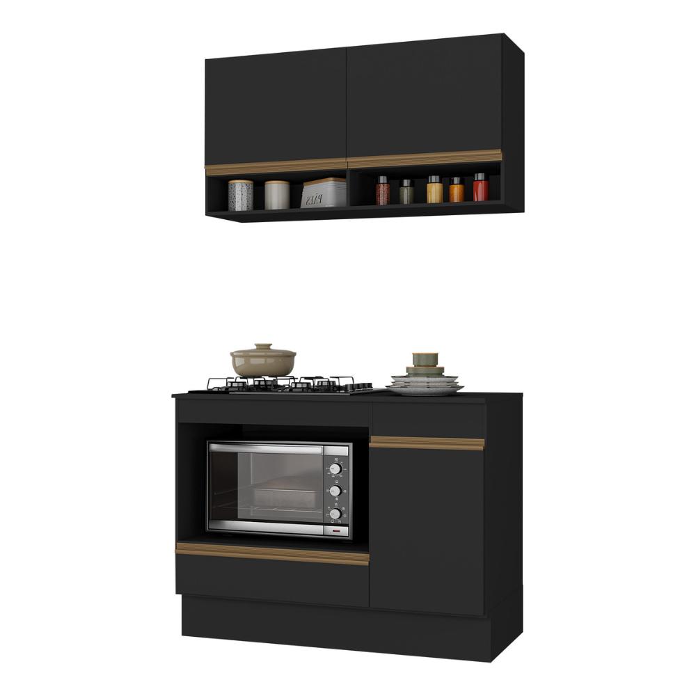 Armário Cozinha Modulada Compacta 105cm com Balcão para Cooktop e Rodapé Veneza Multimóveis MP2294 Preto/Dourado
