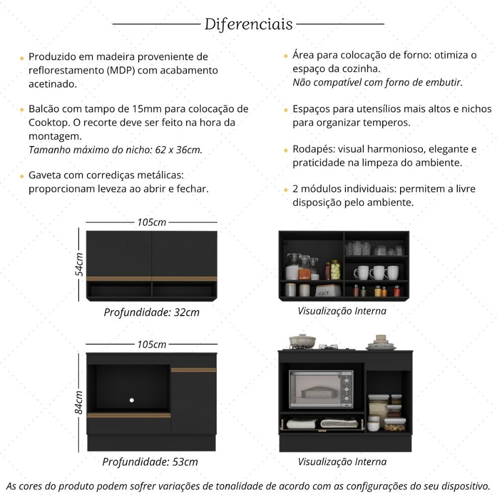 Armário Cozinha Modulada Compacta 105cm com Balcão para Cooktop e Rodapé Veneza Multimóveis MP2294 Preto/Dourado