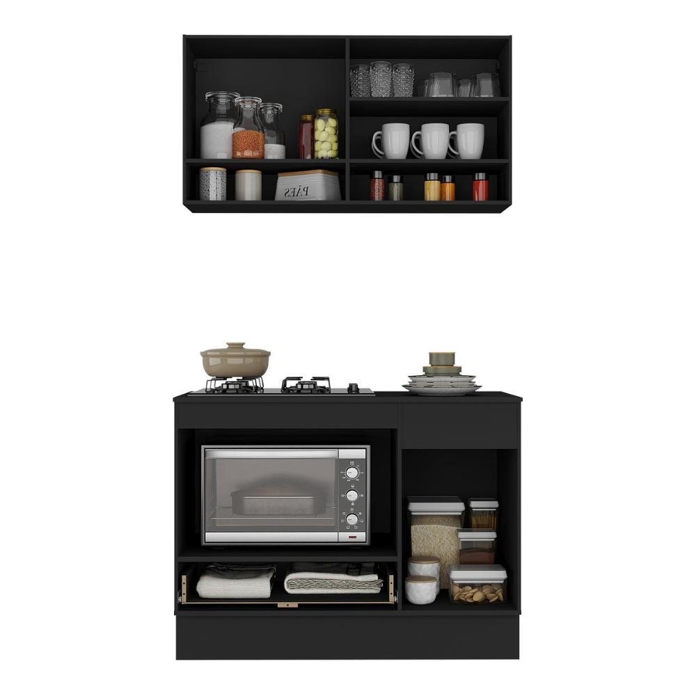 Armário Cozinha Modulada Compacta 105cm com Balcão para Cooktop e Rodapé Veneza Multimóveis MP2294 Preto/Dourado