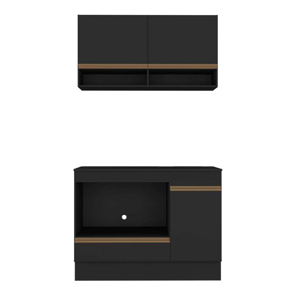 Armário Cozinha Modulada Compacta 105cm com Balcão para Cooktop e Rodapé Veneza Multimóveis MP2294 Preto/Dourado