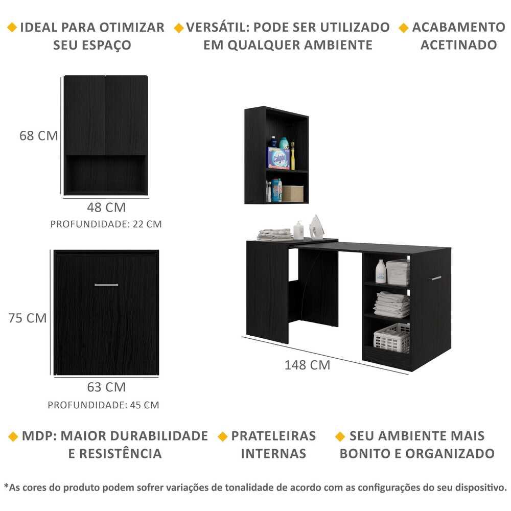 Armário Lavanderia 2 Portas com Mesa Dobrável Ibiza Multimóveis Preto