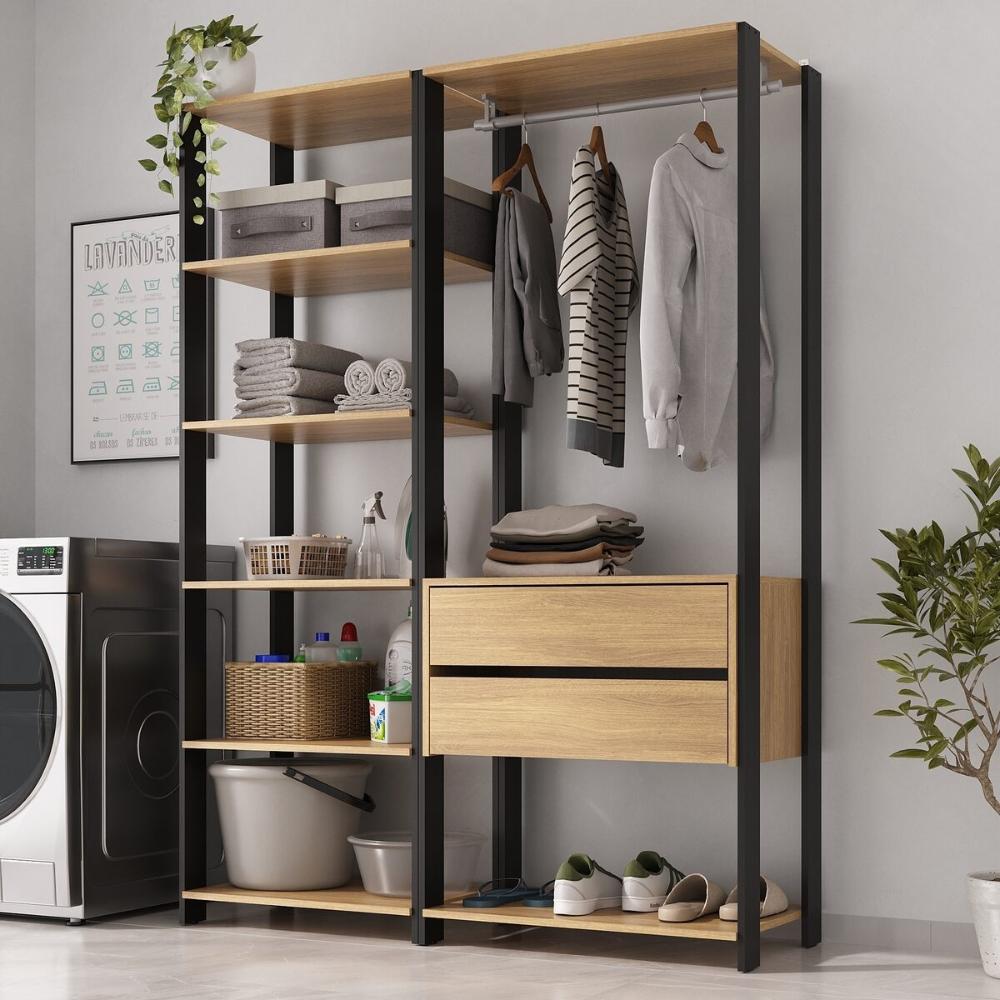Armário Multiuso de Lavanderia Modulado 135cm 2 Peças Multimóveis MP5058 Preto/Madeirado