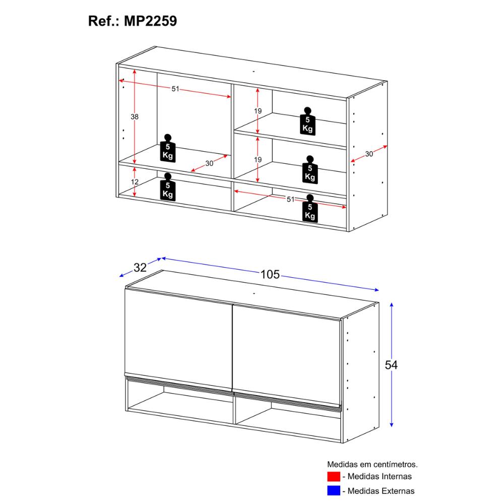 Armário de Cozinha Aéreo 105cm 2 Portas e Nichos Veneza Multimóveis MP2259 Branco/Dourado