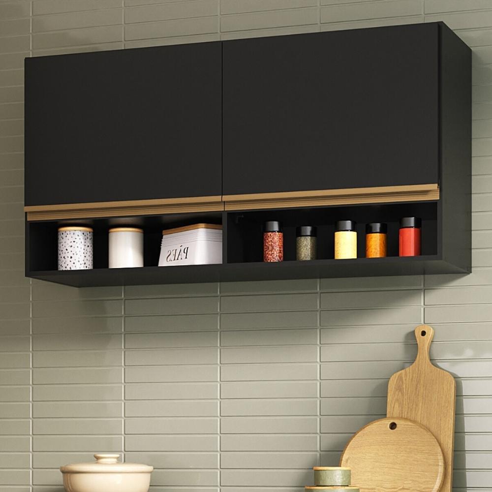 Armário de Cozinha Aéreo 105cm 2 Portas e Nichos Veneza Multimóveis MP2259 Preto/Dourado