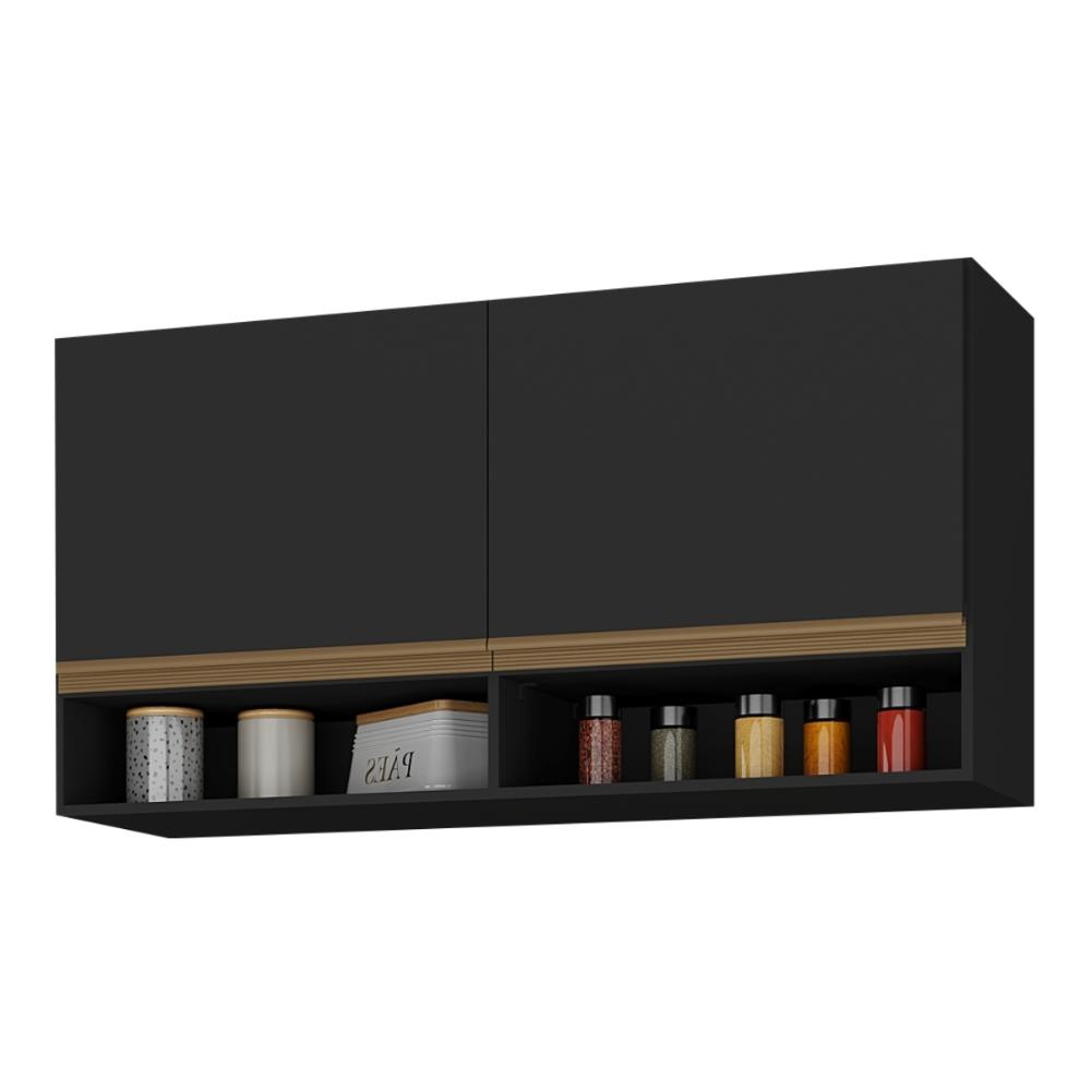 Armário de Cozinha Aéreo 105cm 2 Portas e Nichos Veneza Multimóveis MP2259 Preto/Dourado