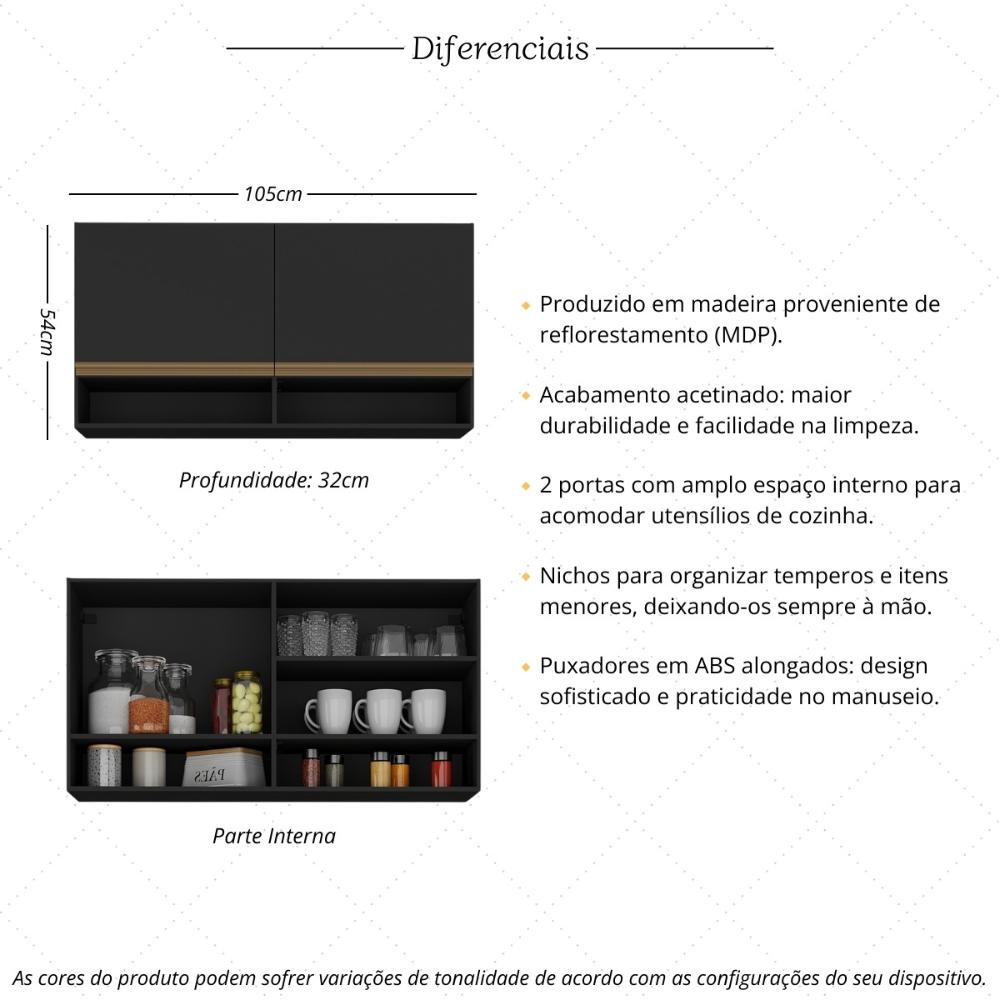 Armário de Cozinha Aéreo 105cm 2 Portas e Nichos Veneza Multimóveis MP2259 Preto/Dourado
