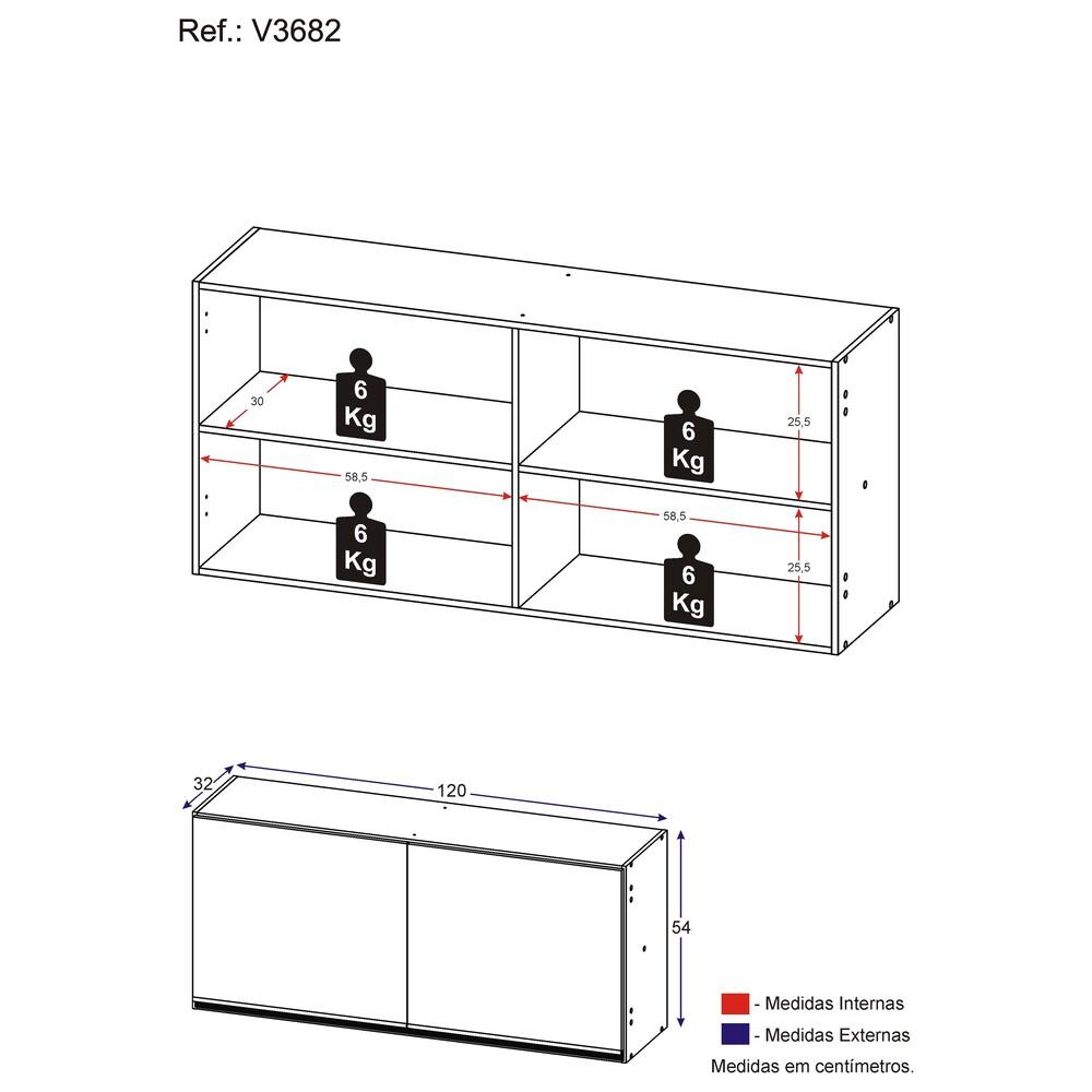 Armário de Cozinha Aéreo 120cm 2 Portas Veneza Multimóveis V3682 Preto/Dourado