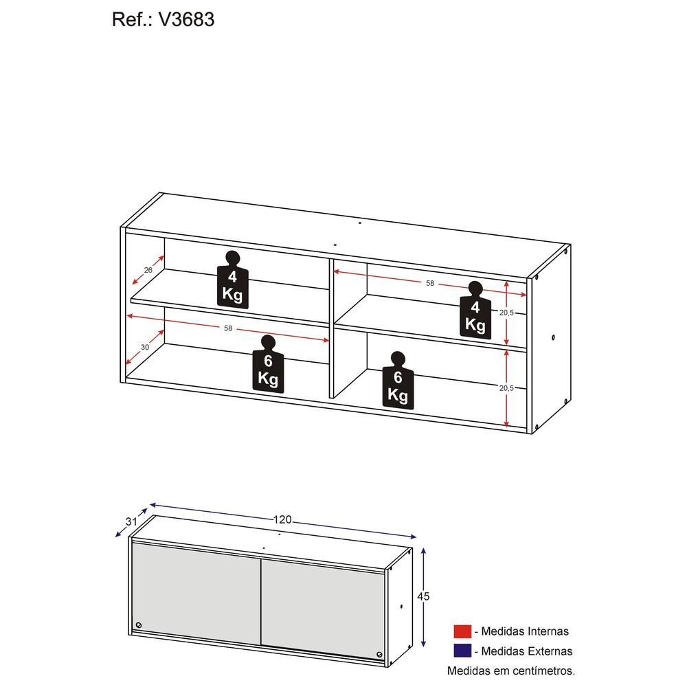 Armário de Cozinha Aéreo 120cm 2 Portas Vidro Veneza Multimóveis V3683 Branco/Dourado
