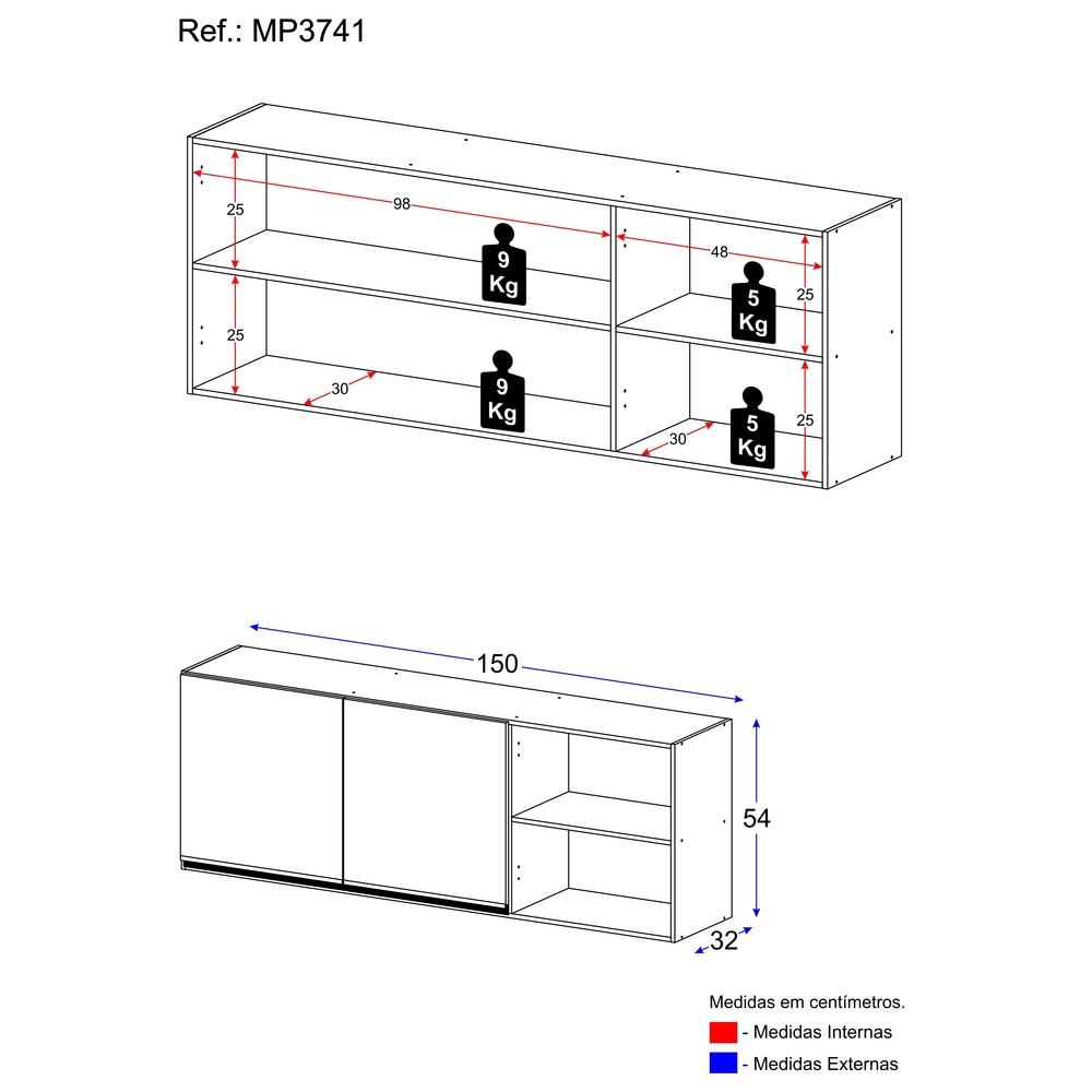 Armário de Cozinha Aéreo 150 cm 2 Portas Veneza Multimóveis MP3741.895 Preto