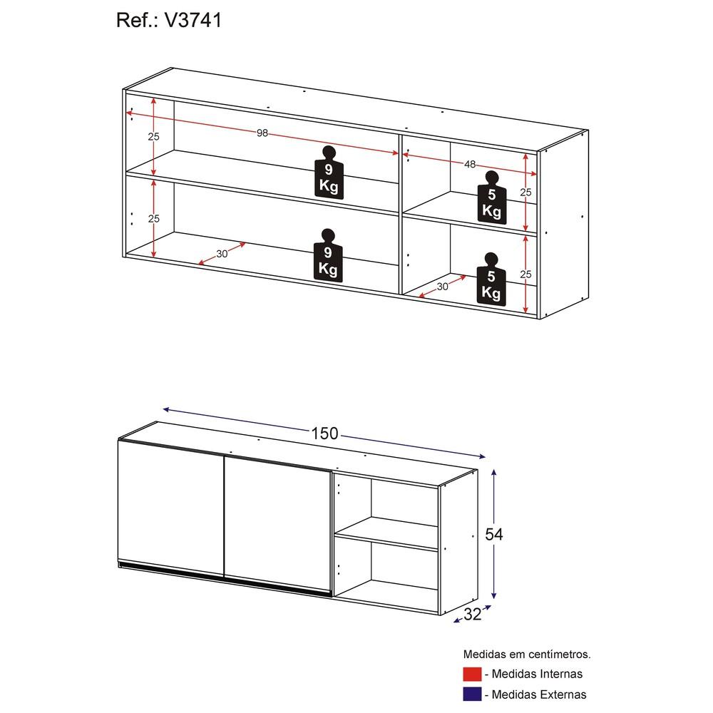 Armário de Cozinha Aéreo 150cm 2 Portas Veneza Multimóveis V3741 Preto/Branco