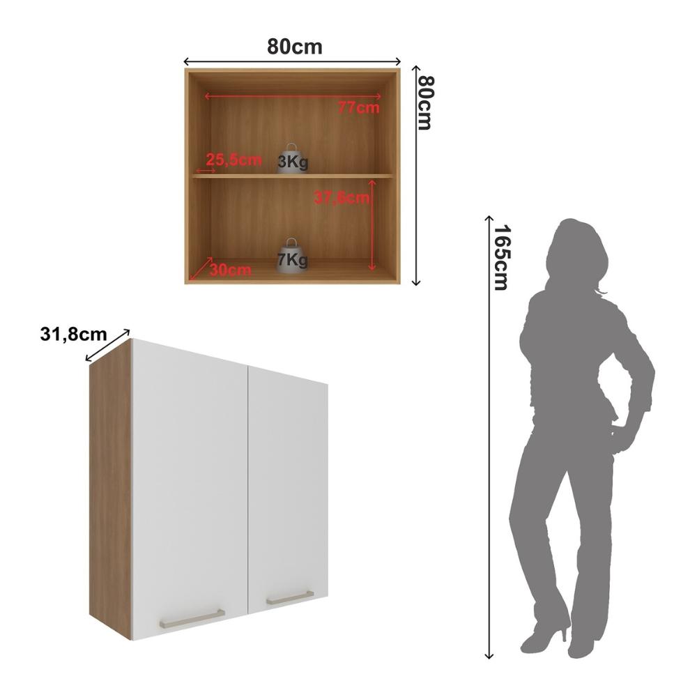 Armário de Cozinha Aéreo com 2 Portas 80cm Multimóveis CR20414 Freijó/Branco
