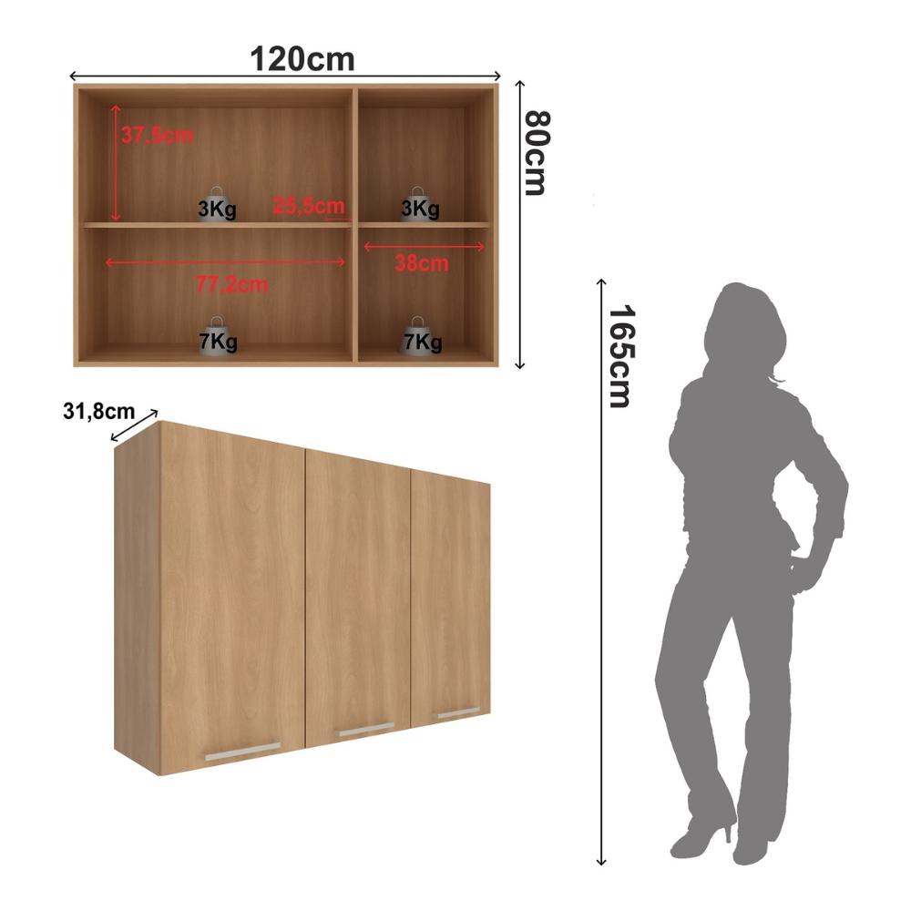 Armário de Cozinha Aéreo com 3 Portas 120cm Multimóveis CR20442 Freijó