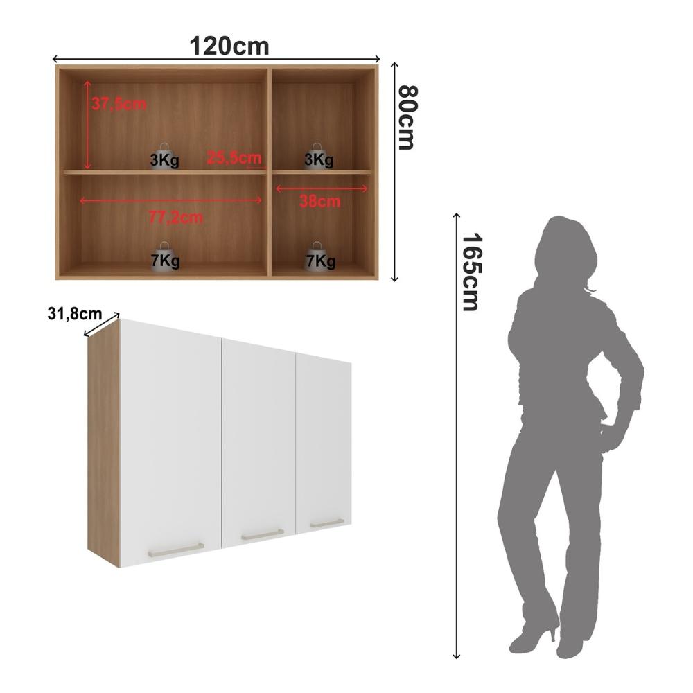 Armário de Cozinha Aéreo com 3 Portas 120cm Multimóveis CR20442 Freijó/Branco