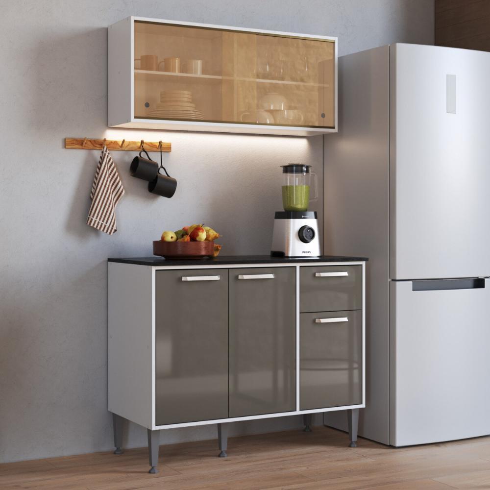 Armário de Cozinha Aéreo com Balcão para Pia 105cm Siena Multimóveis MP2252 Branco/Lacca Fumê