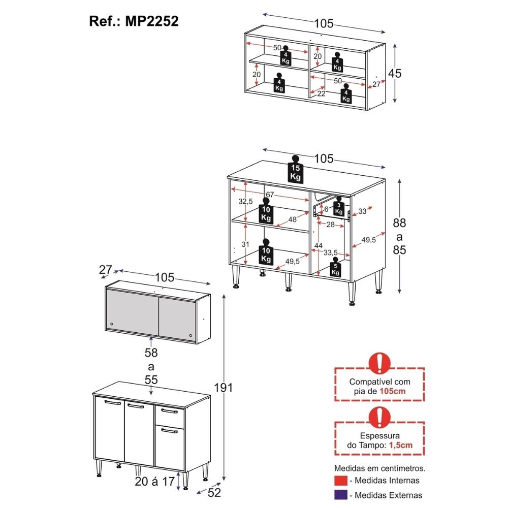 Armário de Cozinha Aéreo com Balcão para Pia 105cm Siena Multimóveis MP2252 Branco/Lacca Fumê