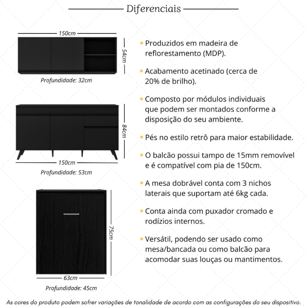 Armário de Cozinha Aéreo com Balcão para Pia e Mesa Dobrável Multimóveis MP2256 Preto