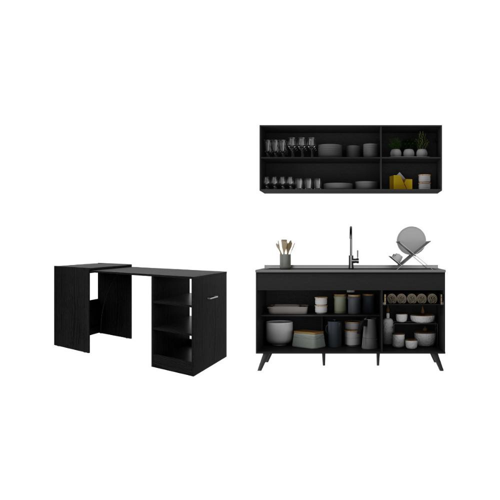 Armário de Cozinha Aéreo com Balcão para Pia e Mesa Dobrável Multimóveis MP2256 Preto