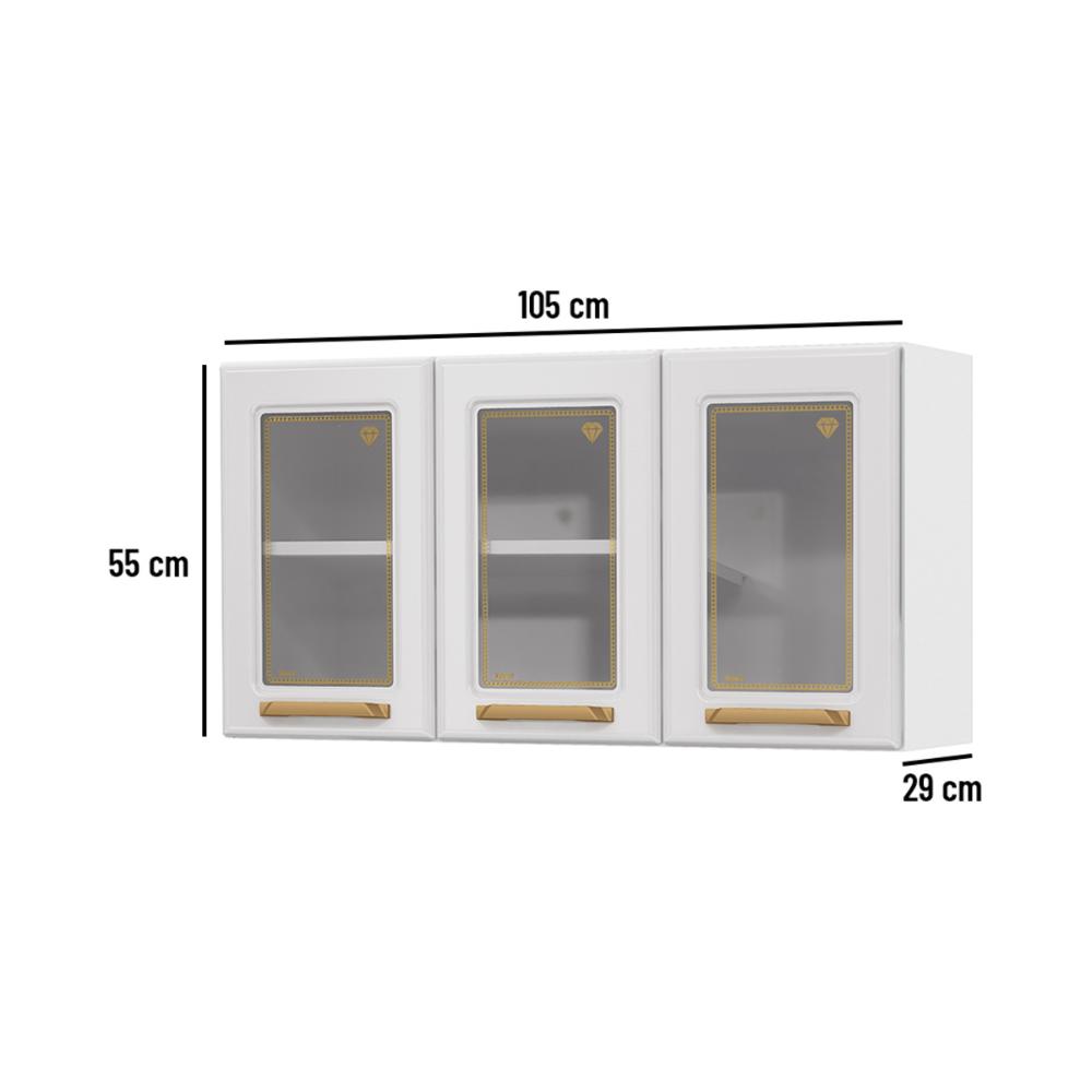 Armário de Cozinha Aéreo de Aço 3 Portas com Vidro 105cm Multimóveis CR20359 Branco