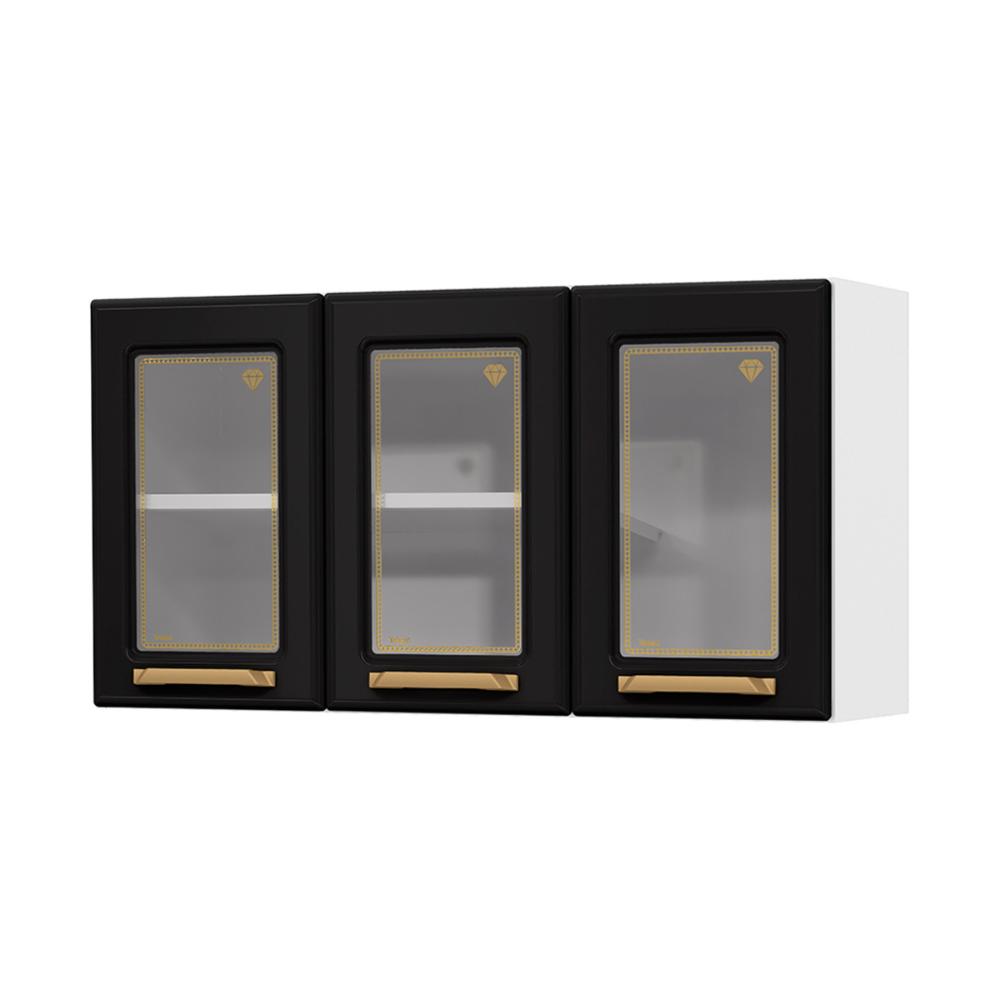 Armário de Cozinha Aéreo de Aço 3 Portas com Vidro 105cm Multimóveis CR20359 Branco/Preto