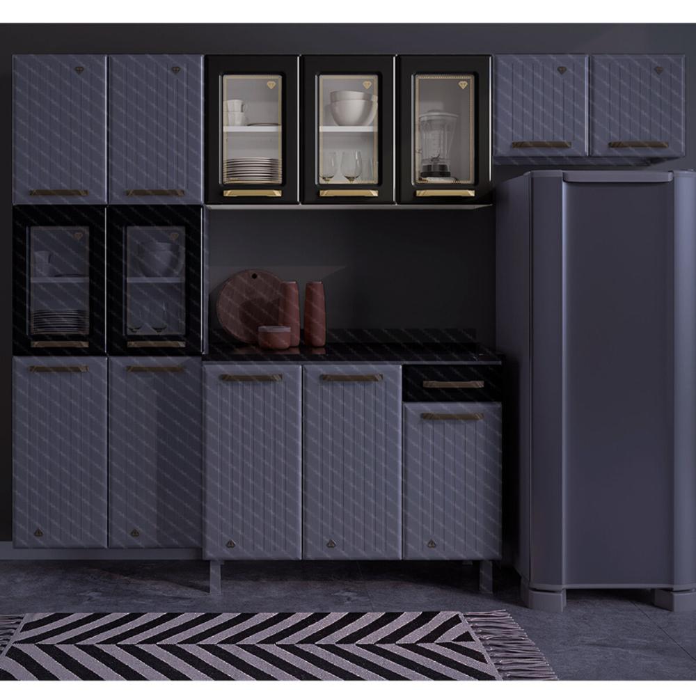 Armário de Cozinha Aéreo de Aço 3 Portas com Vidro 105cm Multimóveis CR20359 Branco/Preto