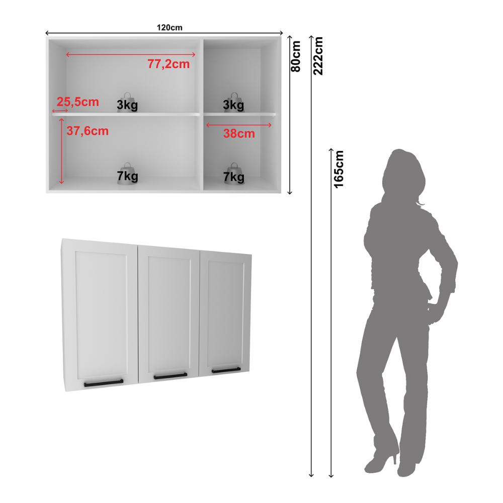 Armário de Cozinha Aéreo em MDF com 3 Portas 120cm Multimóveis CR20446 Branco