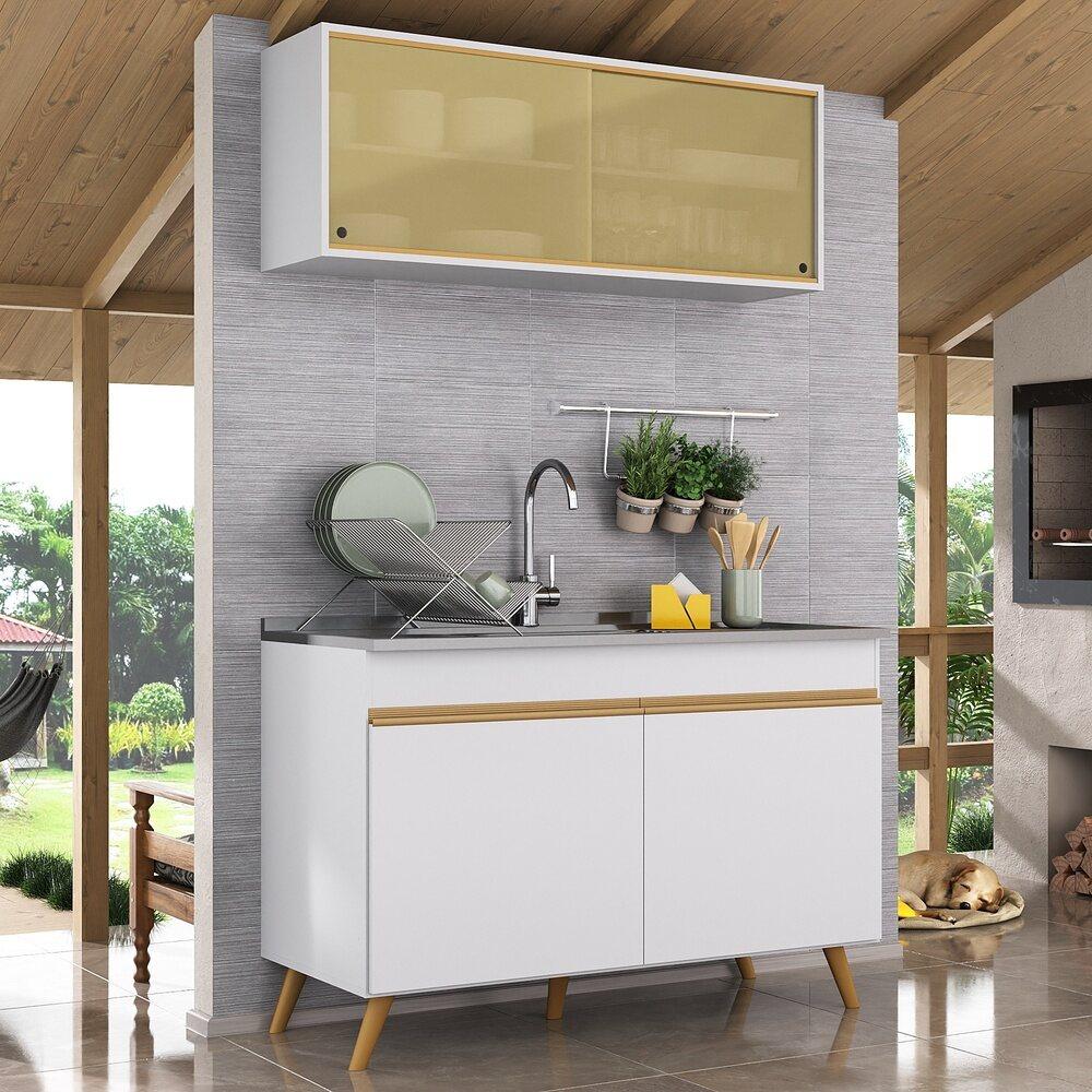 Armário de Cozinha Compacta 120cm Veneza Multimóveis V2140 Branco/Dourado