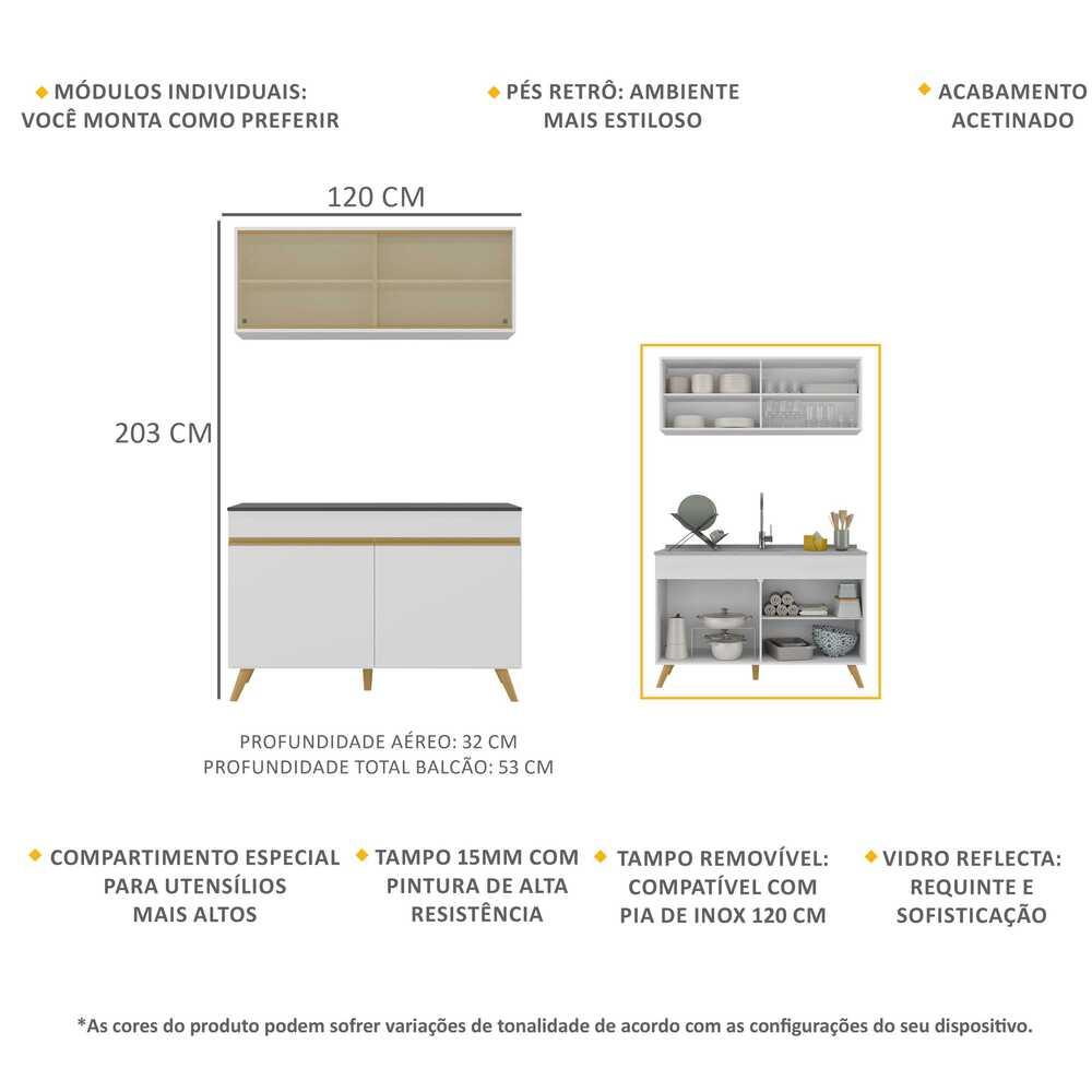 Armário de Cozinha Compacta 120cm Veneza Multimóveis V2140 Branco/Dourado