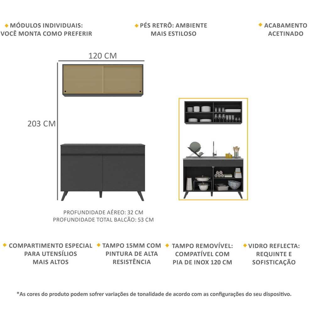 Armário de Cozinha Compacta 120cm Veneza Multimóveis V2140 Preto