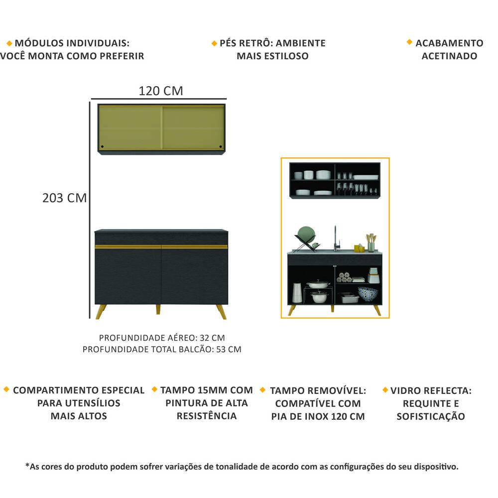 Armário de Cozinha Compacta 120cm Veneza Multimóveis V2140 Preto/Dourado