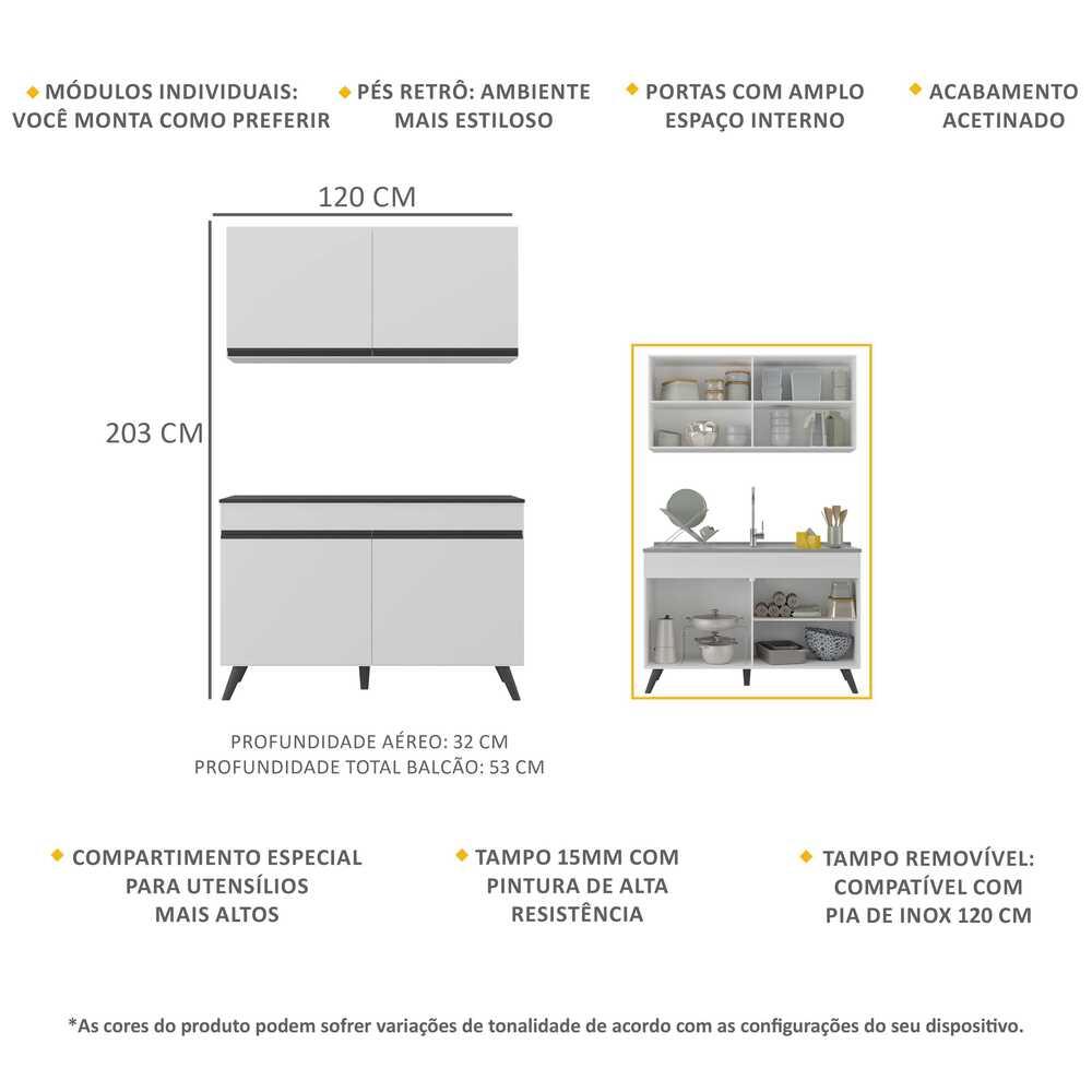 Armário de Cozinha Compacta 120cm Veneza Multimóveis V2141 Branco/Preto
