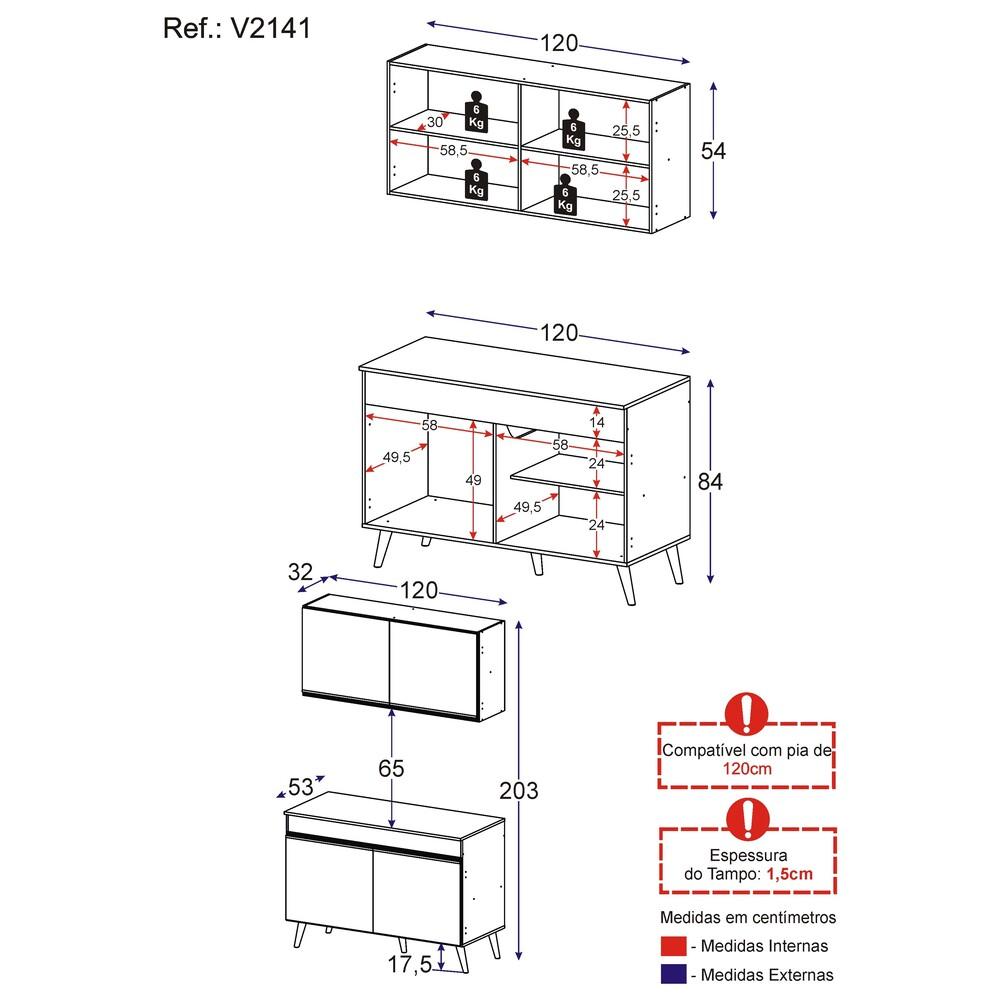Armário de Cozinha Compacta 120cm Veneza Multimóveis V2141 Branco/Preto