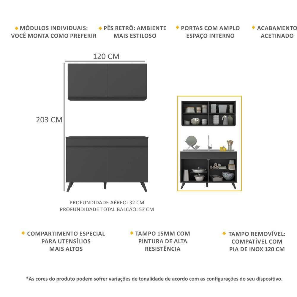 Armário de Cozinha Compacta 120cm Veneza Multimóveis V2141 Preto