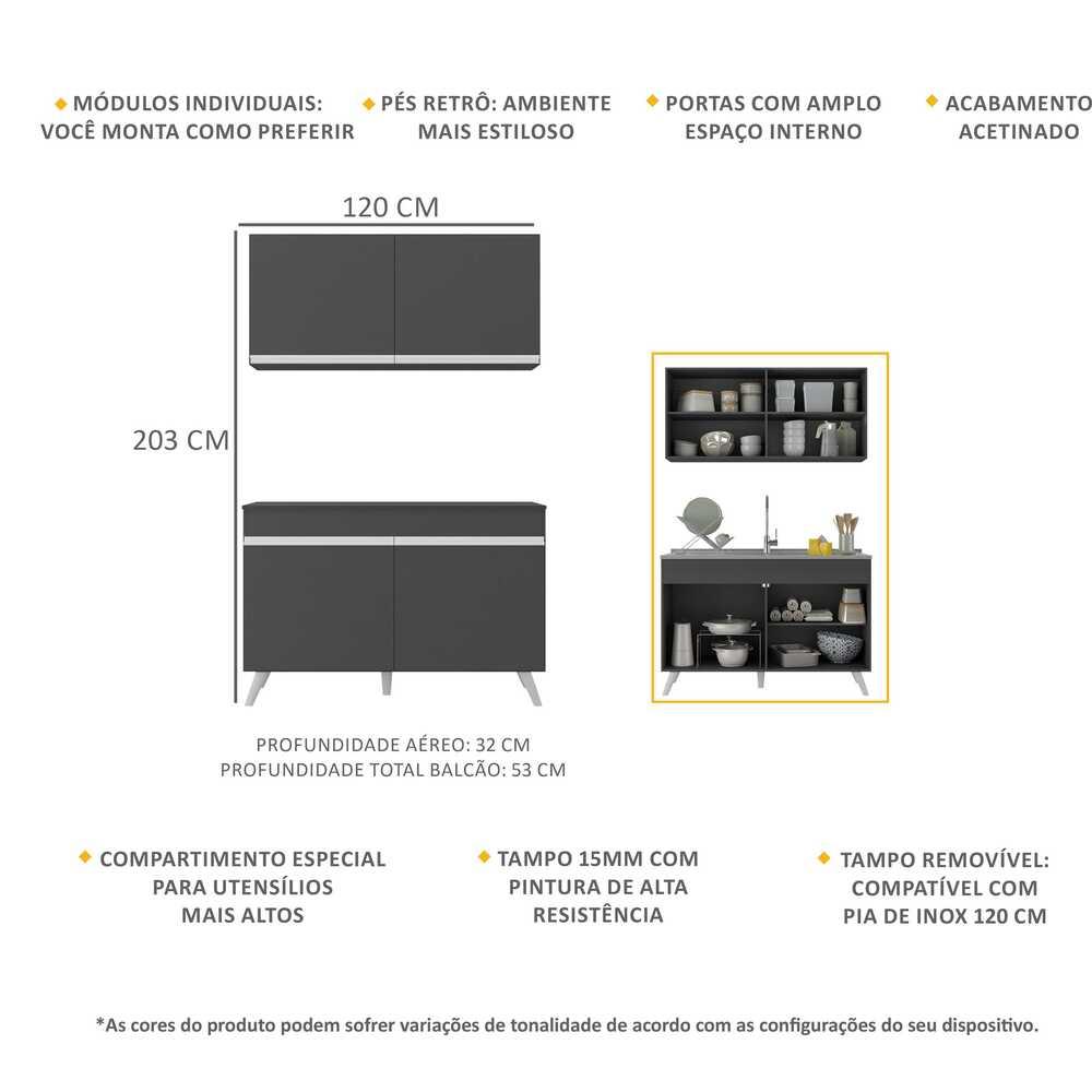 Armário de Cozinha Compacta 120cm Veneza Multimóveis V2141 Preto/Branco