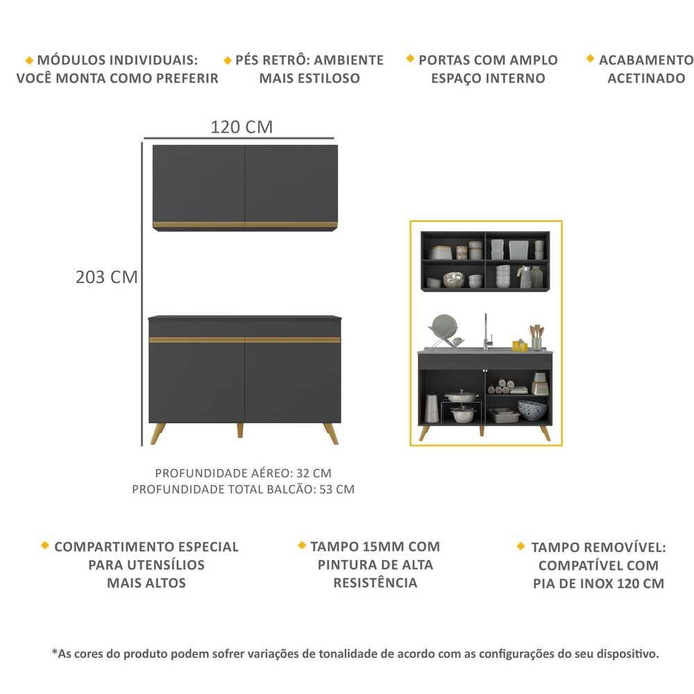 Armário de Cozinha Compacta 120cm Veneza Multimóveis V2141 Preto/Dourado