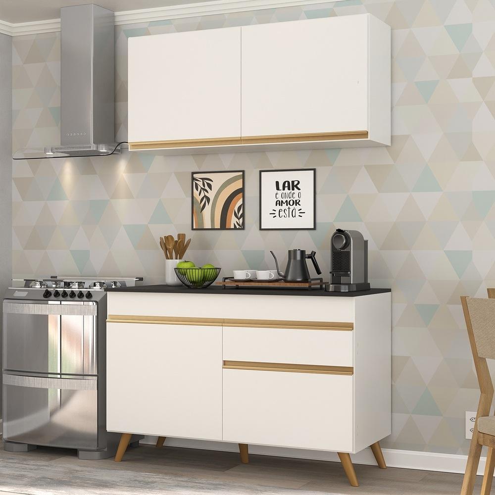 Armário de Cozinha Compacta 120cm Veneza Multimóveis V3687 Branco/Dourado